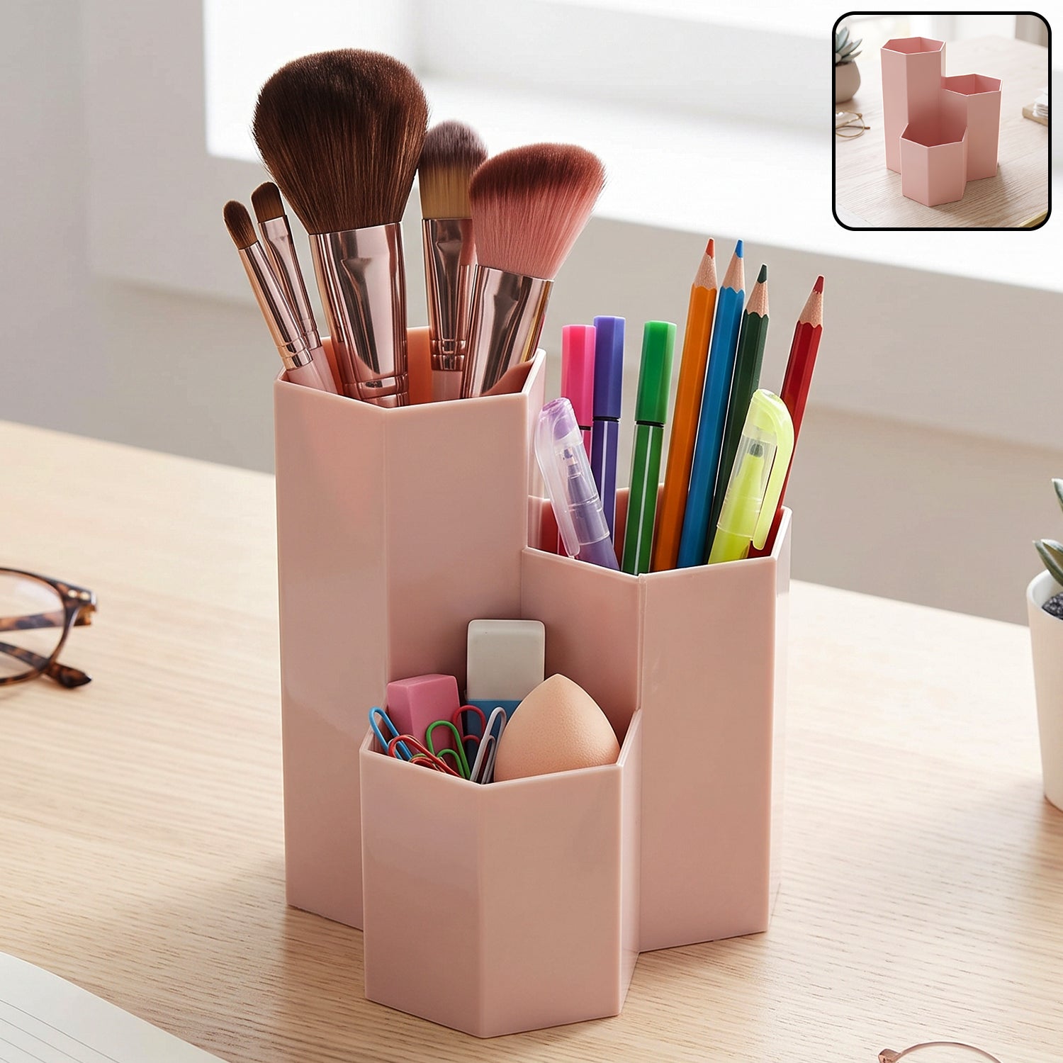 Plastic Multi Compartment Desktop Organizer Box For Pen And Stationery (1 Pc)