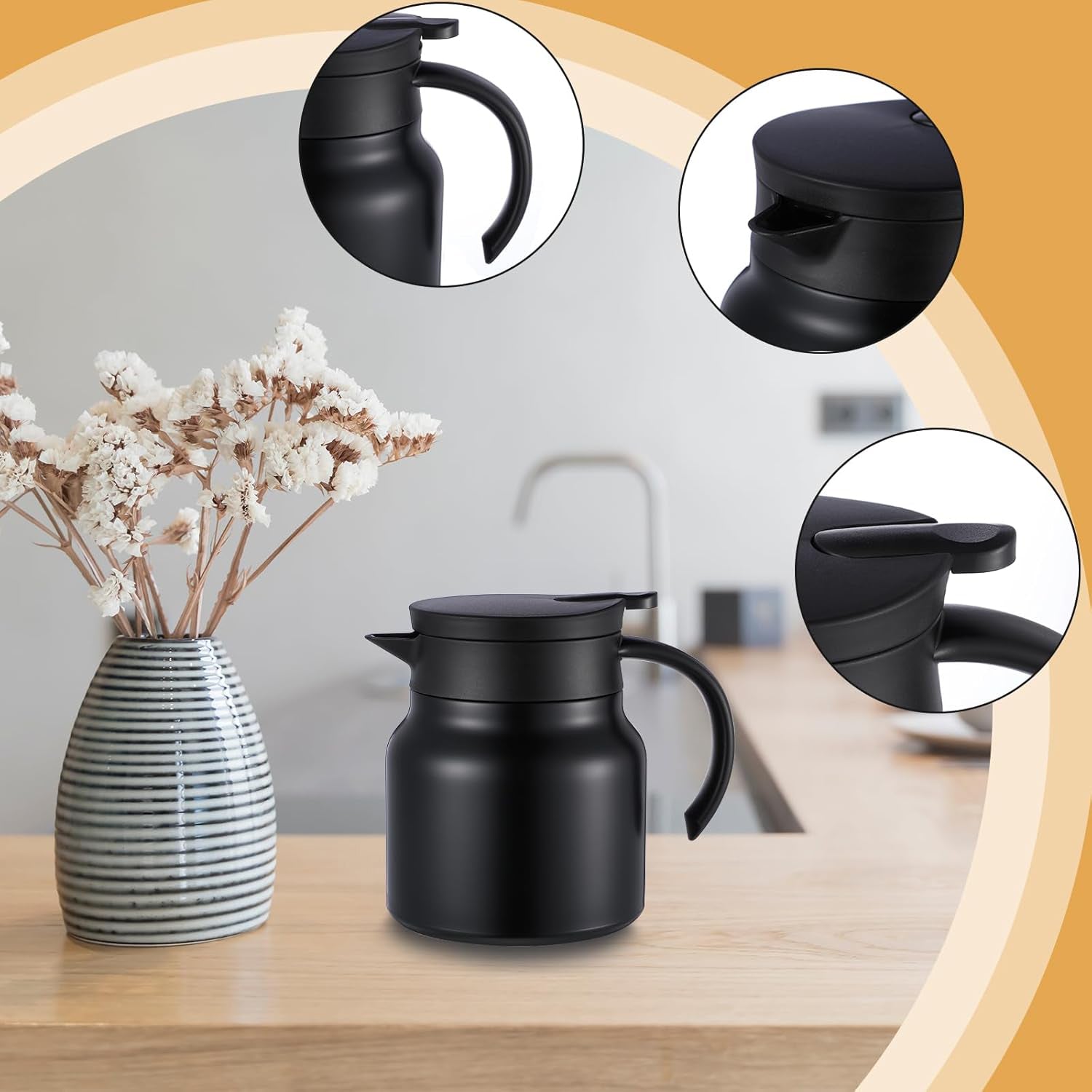 Wukusy 800ml insulated thermos flask with handle and strap, stainless steel body for hot and cold beverages, outdoor use