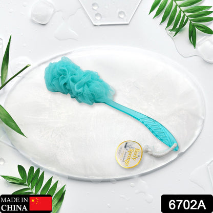 Wukusy 6702a loofah back scrubber with long handle, soft nylon mesh bath brush for shower and body cleaning, 45 cm length