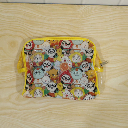 Wukusy multipurpose PVC cosmetic pouch with cartoon print and zip compartments for travel storage and organization.
