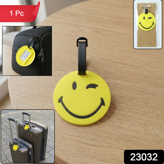 Wukusy cute smiley face round travel luggage bag tag with a cheerful yellow design and adjustable strap for easy identification