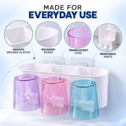 Wall mounted Wukusy toothbrush holder with 3 cups and bathroom storage, showing the sleek design and organized setup.