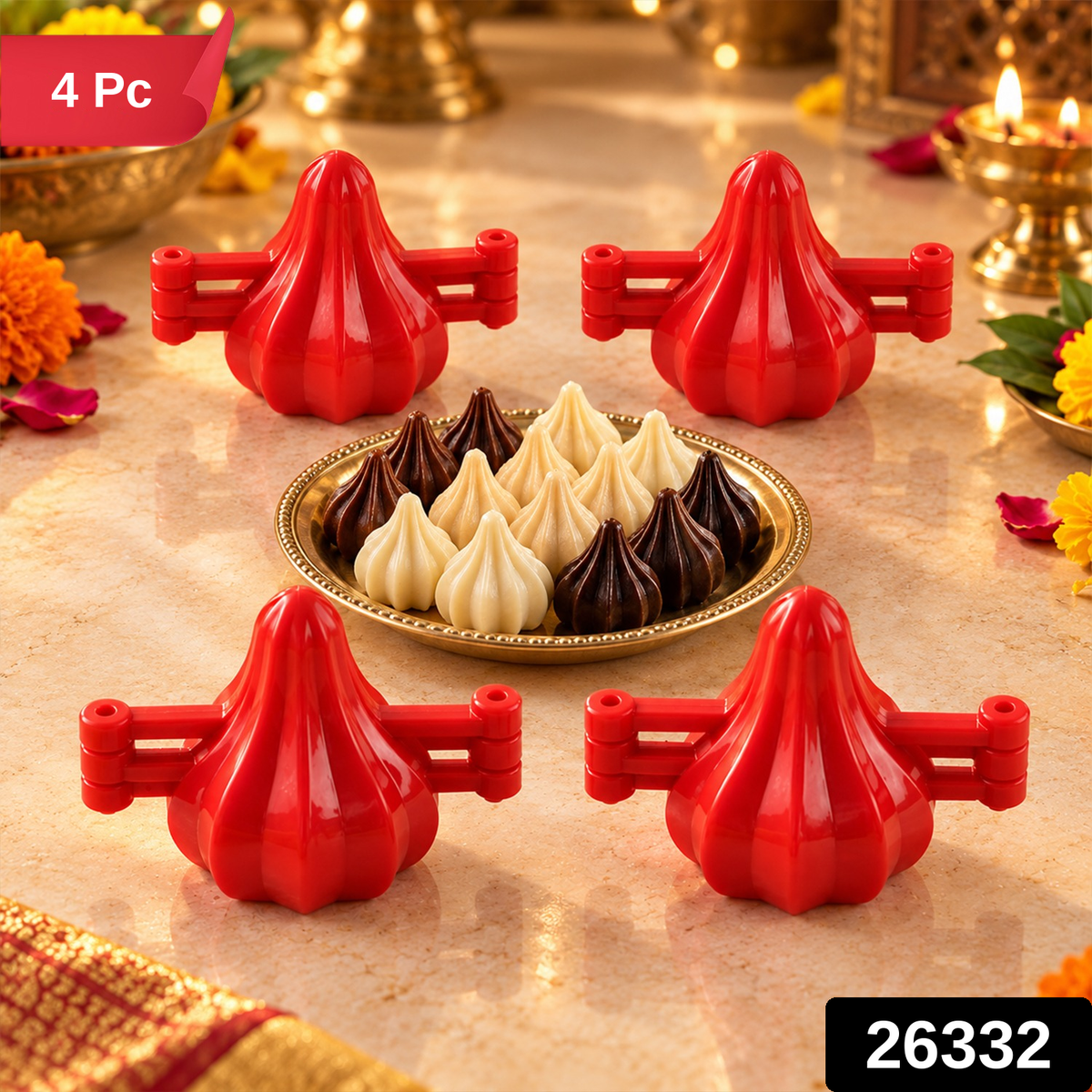 Wukusy plastic modak maker mold set with four pieces for homemade Ganesh Chaturthi sweets, perfect for traditional Indian desserts.