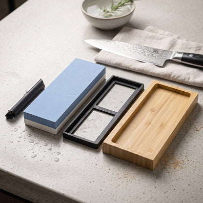 Double Sided Knife Sharpening Whetstone Set With Bamboo Base And Guide (1 Set)
