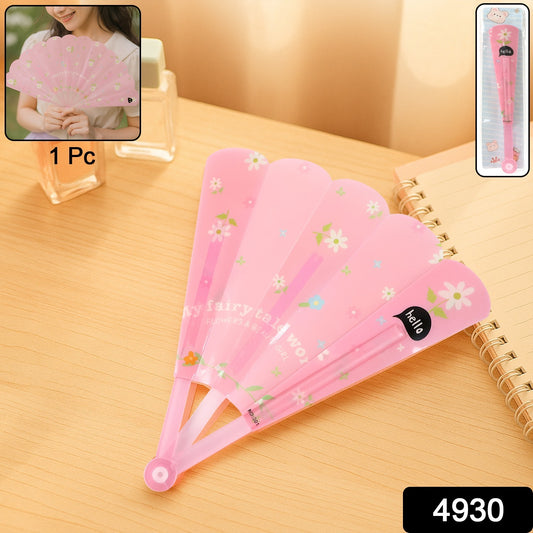 Foldable hand fan with colorful floral print from Wukusy, showing intricate floral patterns on lightweight, portable design.