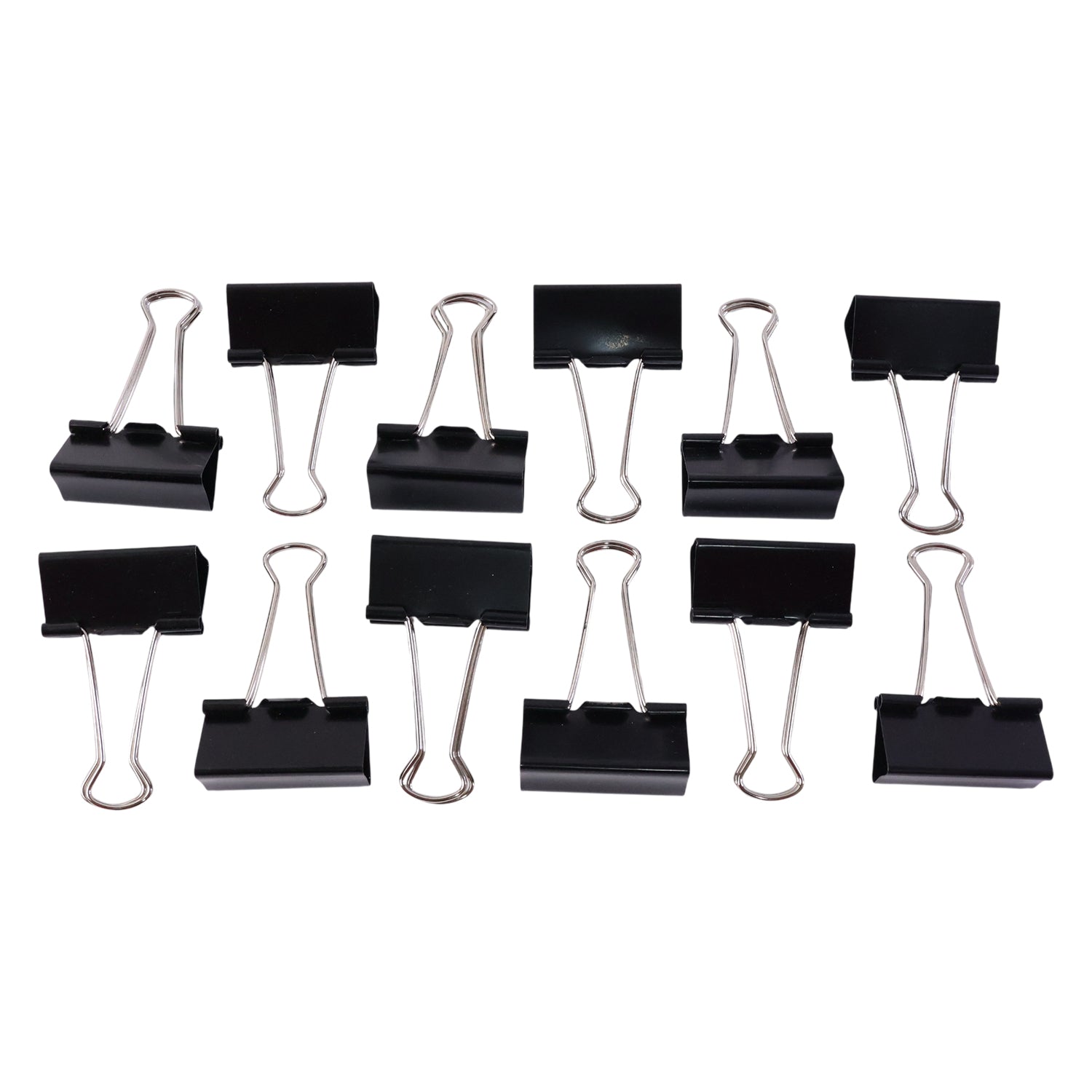 Set of 12 black heavy-duty binder clips, 41mm size, with silver handles, designed for secure paper organization.