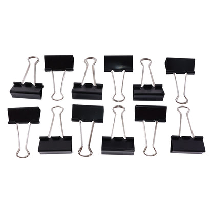 Set of 12 black heavy-duty binder clips, 41mm size, with silver handles, designed for secure paper organization.
