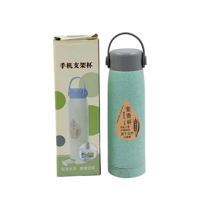 High Portable Water Bottle, Creative Wheat Fragrance Glass Bottle Water with Mobile Phone Holder Wide Mouth Glass Water 380ml (MOQ 80 pc)