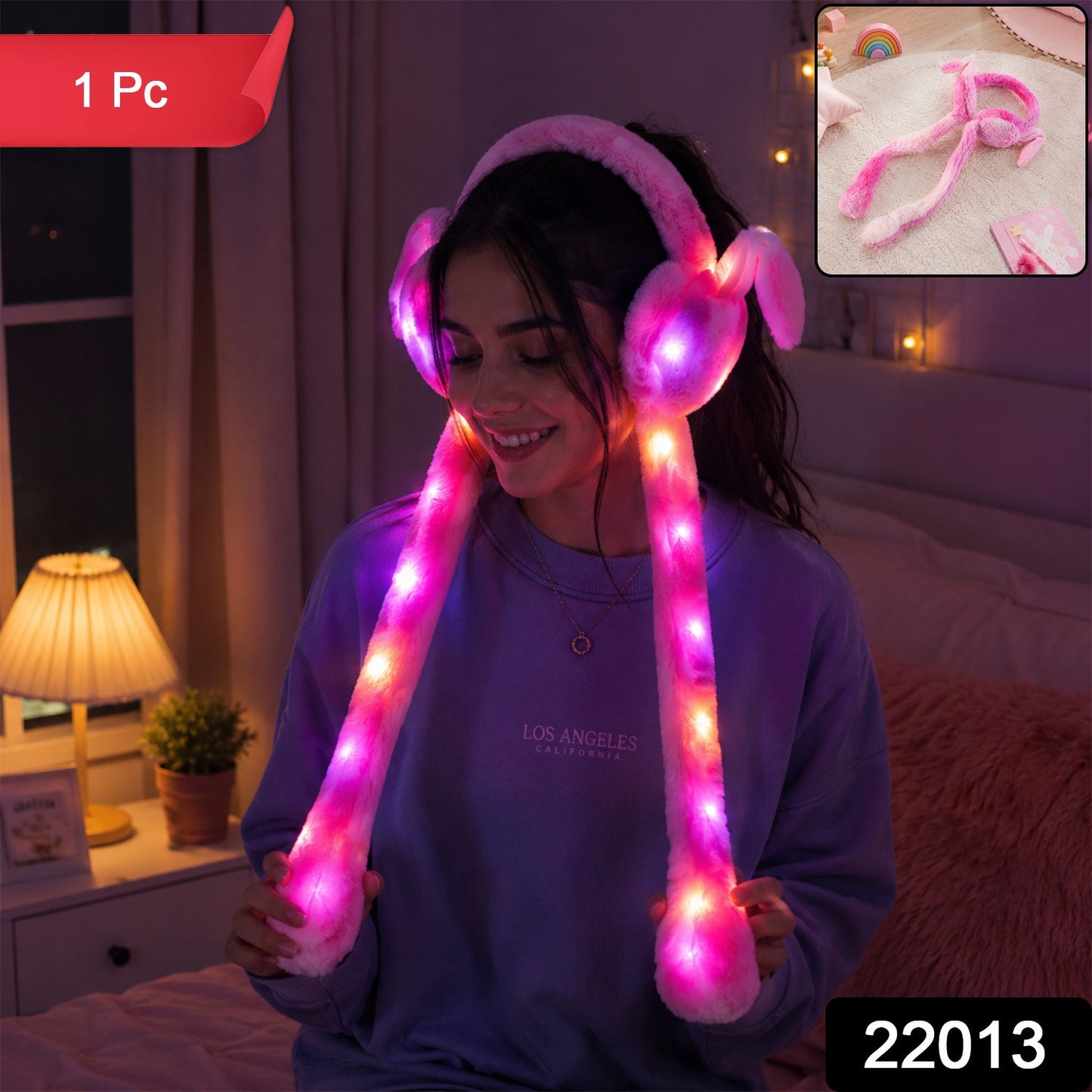Led Light Soft Plush Winter Earmuffs With Cute Bunny Ears  Long Tails (1 Piece)