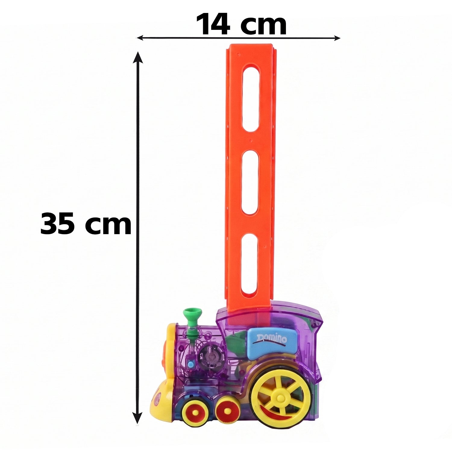 Wukusy automatic domino laying train engine toy for kids with lights and music, featuring colorful train engine on track.