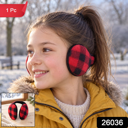 Wukusy check pattern winter ear muffs with behind neck band, cozy and warm for daily use, shown with check design and soft material.