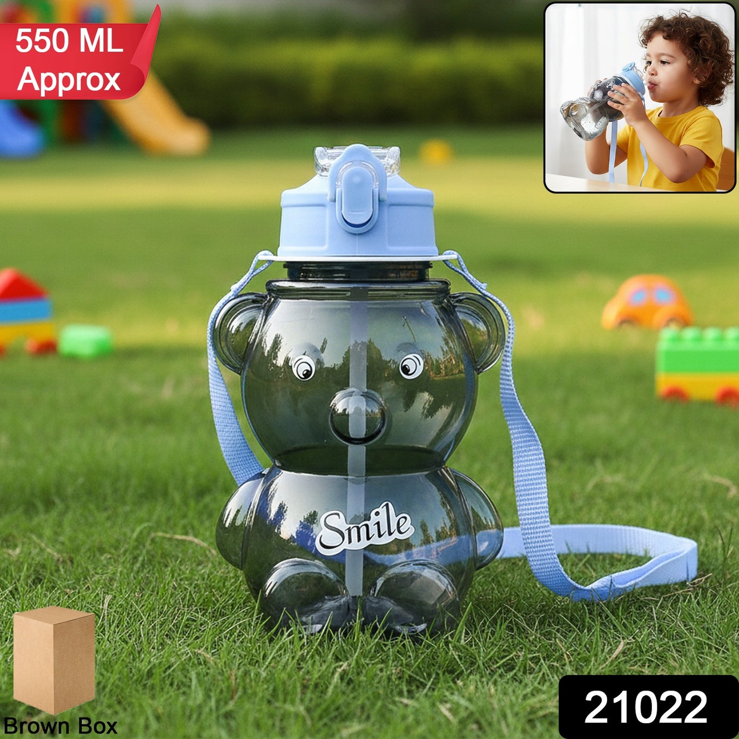 Kids Cartoon Bear Water Bottle With Straw  Shoulder Strap (1 Pc)