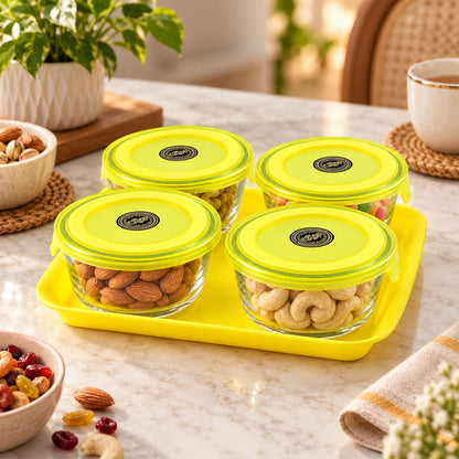 Wukusy 5-piece glass bowl set with plastic lids and serving tray for snacks, nuts, and small food items.