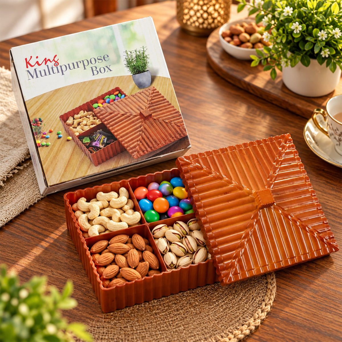 Wukusy multipurpose dry fruit snack storage box with four compartments and ribbed lid for organized food storage