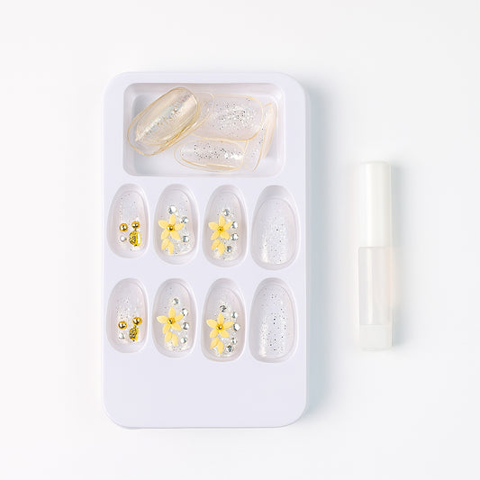 Premium Glitter 3d Floral Press-on Artificial Nail Tips With Nail Glue (1 Set)