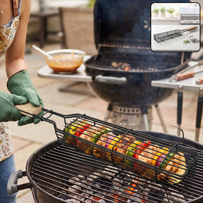 Metal Barbecue Grill Basket With Wooden Handle For Bbq Kebab Veggies (1 Set)