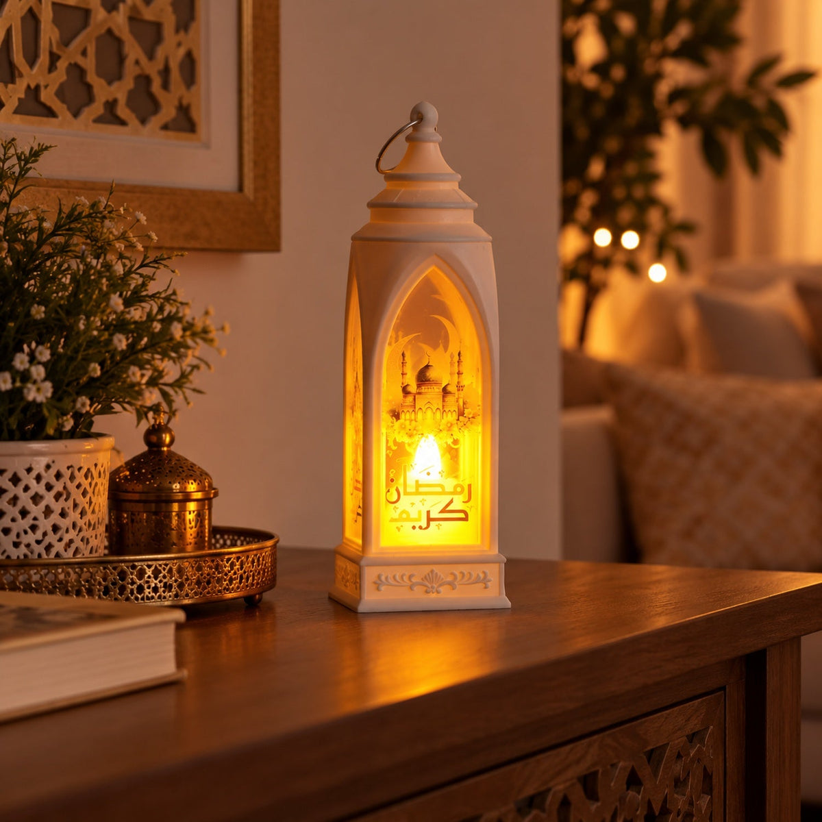Set of three Wukusy Ramadan flameless LED candle lanterns for hanging or table decor, featuring warm lighting and intricate designs.