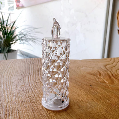 Wukusy rose-shaped LED flameless candles, transparent acrylic decorative tea lights for home decor, Diwali, Christmas, or gifting.