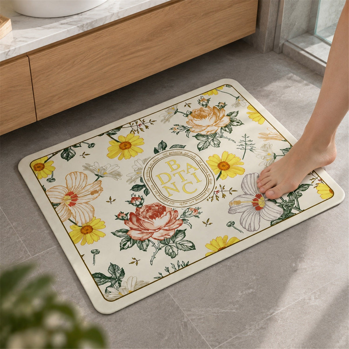 Wukusy absorbent floral print bathroom mat, quick-dry bath mat 50x40 cm with colorful floral design on soft fabric surface.