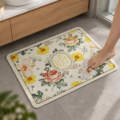 Wukusy absorbent floral print bathroom mat, quick-dry bath mat 50x40 cm with colorful floral design on soft fabric surface.