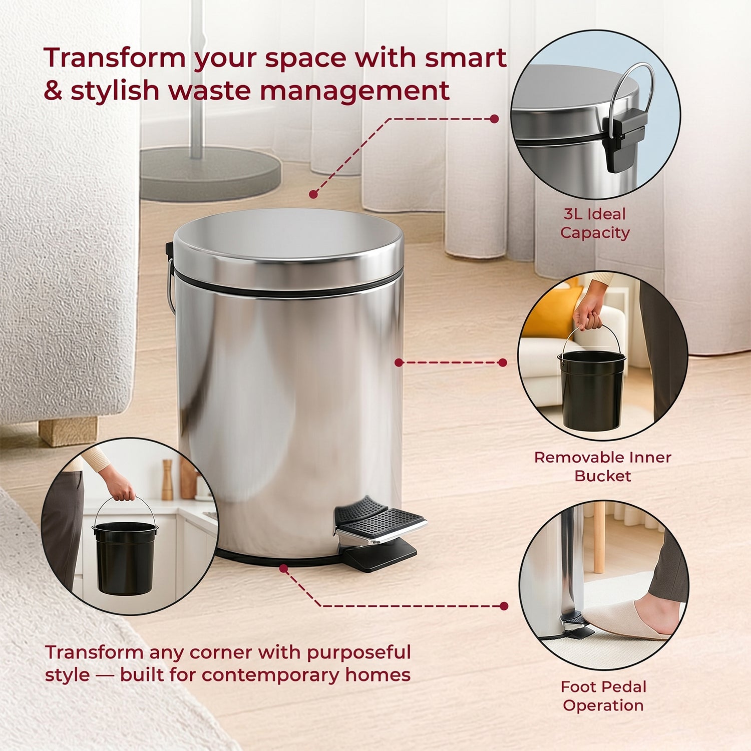 Premium Stainless Steel Pedal Dustbin With Close Lid (1 Pc3 Ltr)