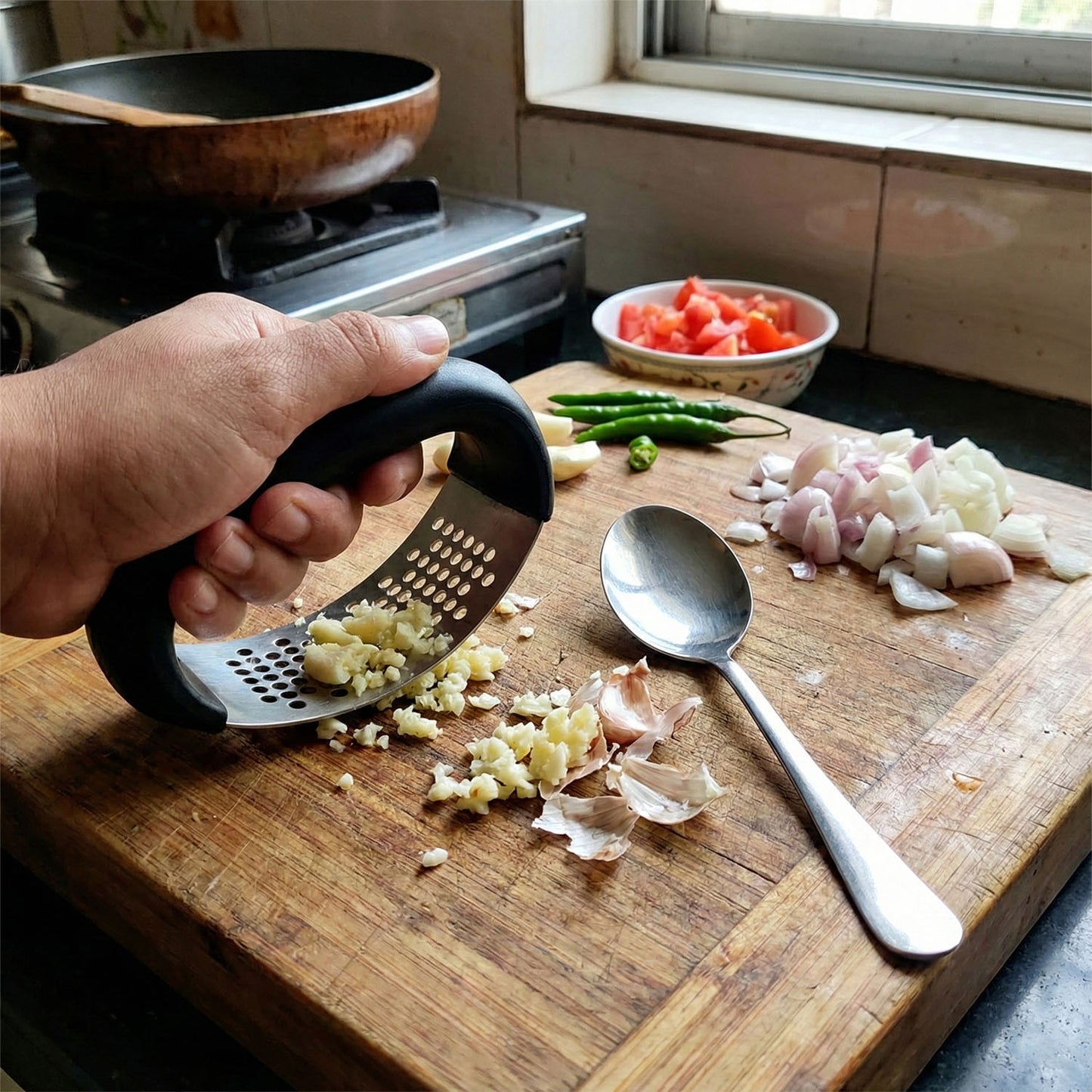 Heavy-duty Garlic Press Tool With Spoon Set (2 Pc Set)