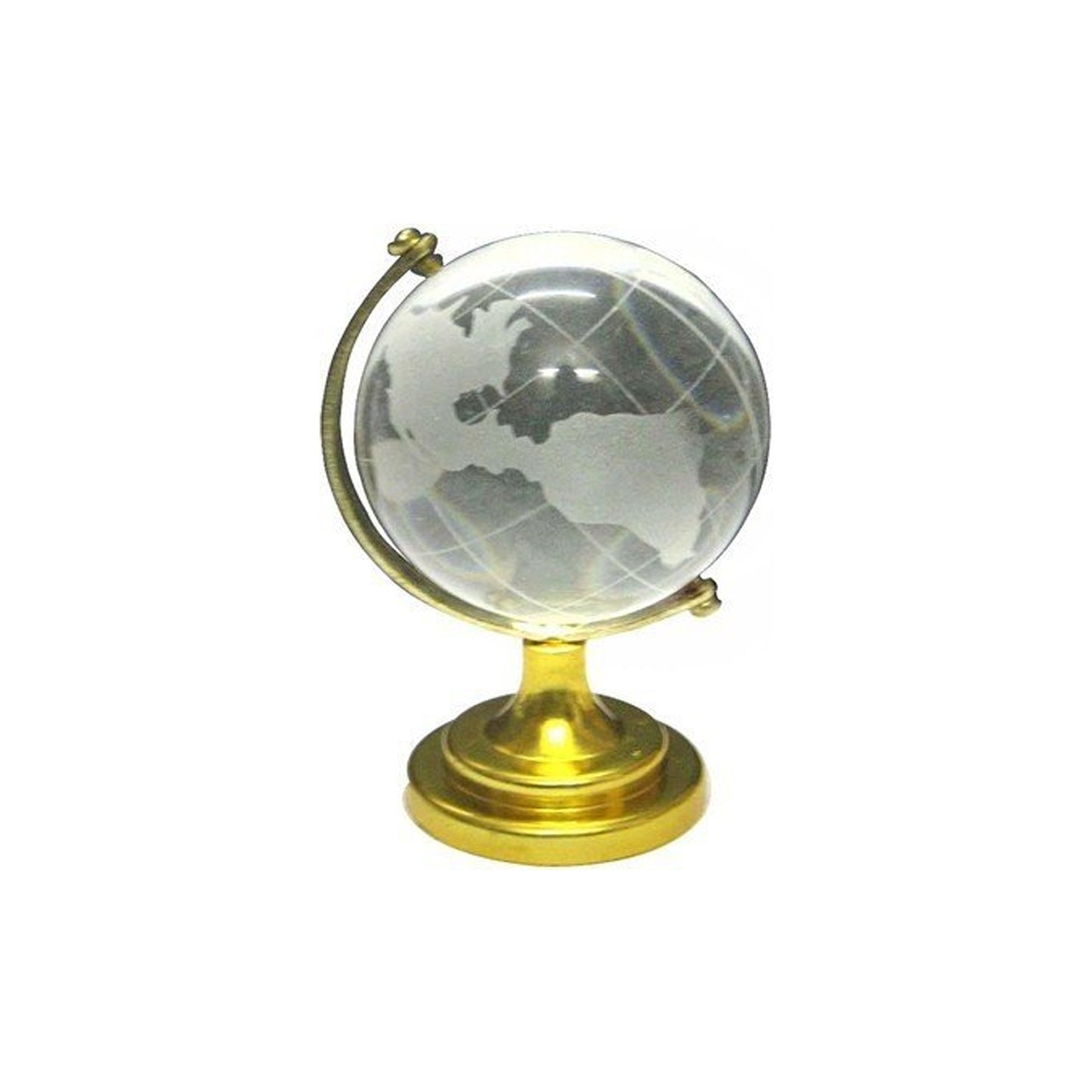 Crystal globe with a world map, 50mm size on a golden stand, Wukusy office decor piece, featuring detailed continents and oceans.