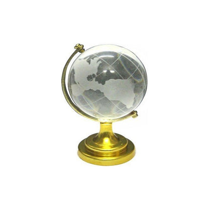 Crystal globe with a world map, 50mm size on a golden stand, Wukusy office decor piece, featuring detailed continents and oceans.