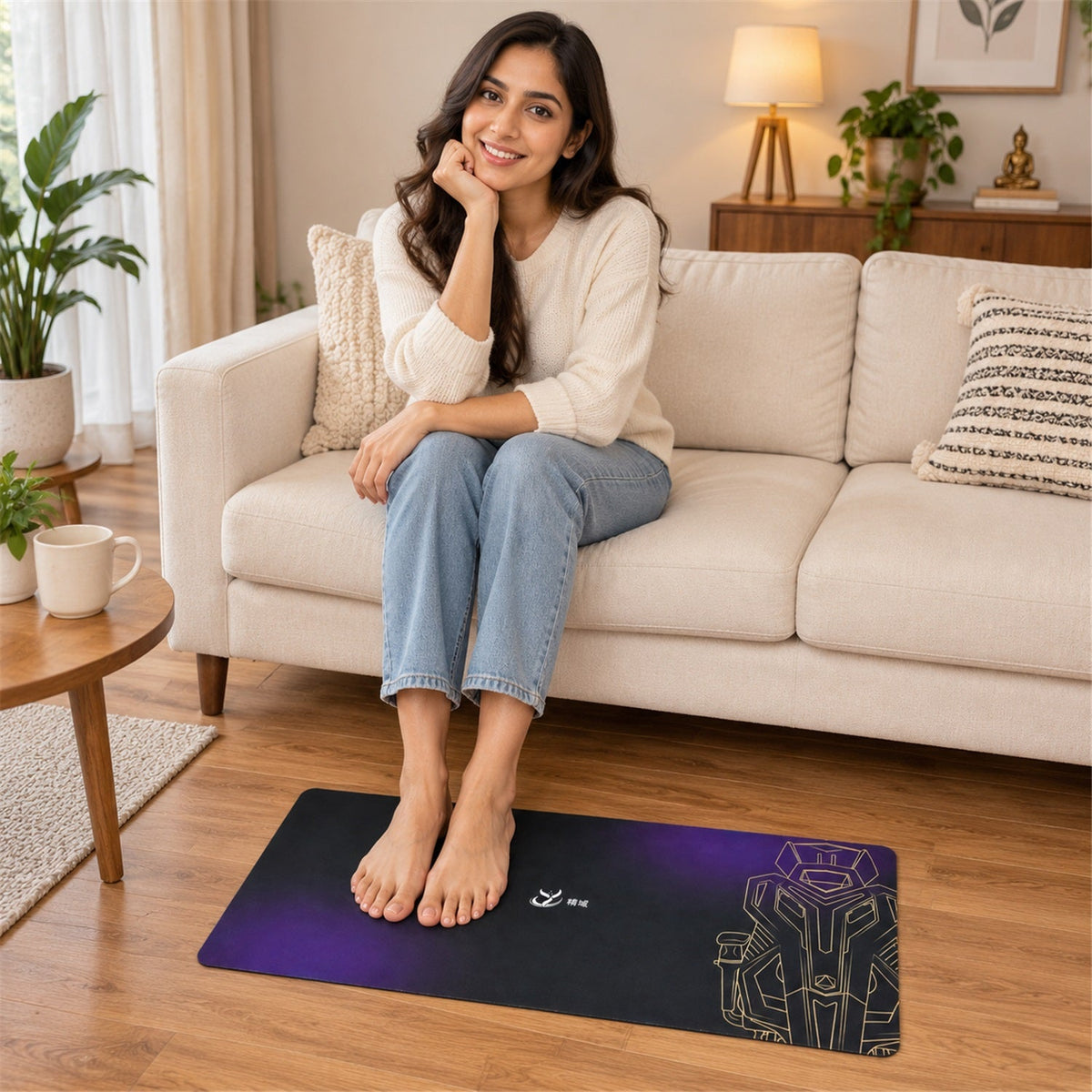 Purple and black gradient bath runner with gold line art design, non-slip mat, 70x30 cm, by Wukusy for bathroom decor.