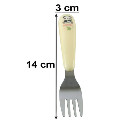 Wukusy kids cartoon spoon and fork set with easy grip handles, ideal for daily feeding, featuring colorful cartoon character designs.