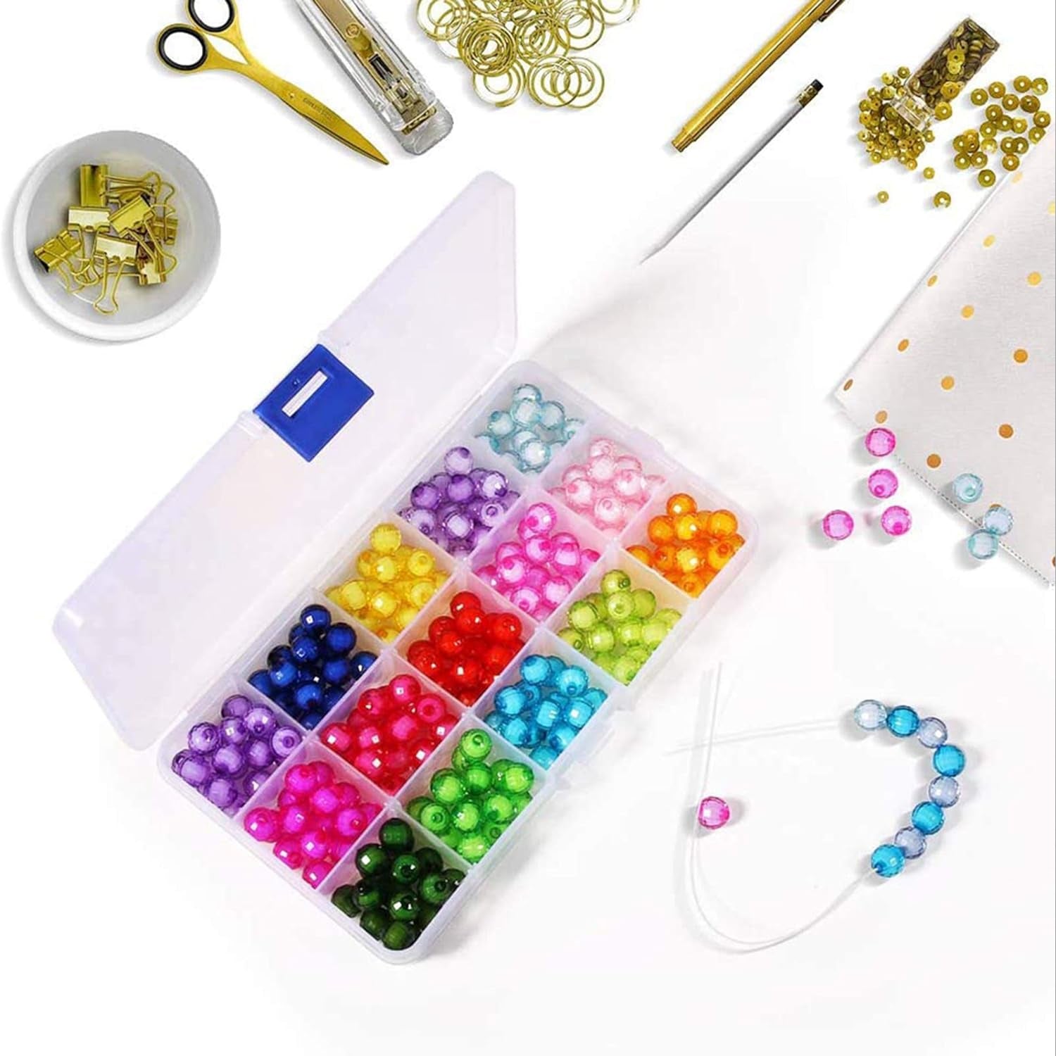 Clear Wukusy 15-grid plastic jewelry organizer box with adjustable dividers for storing beads, jewelry, herbs, or small items.