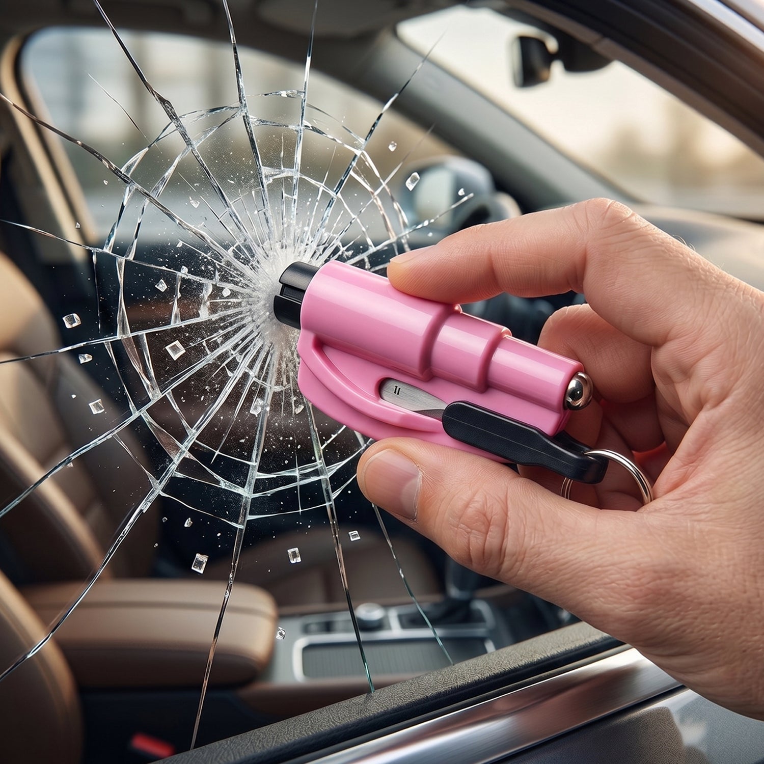 Wukusy keychain car window glass breaker and seat belt cutter tool attached to a keyring, compact emergency safety device.