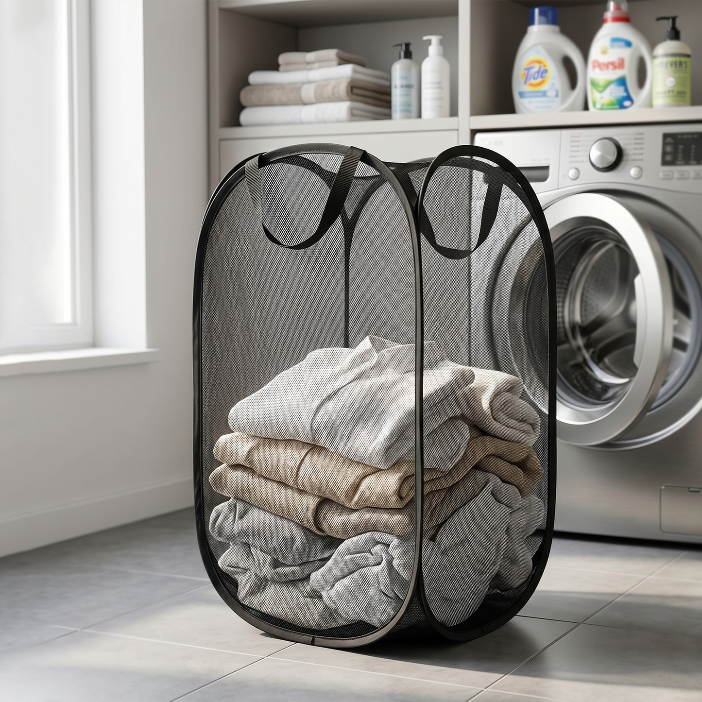 Large Foldable Mesh Laundry Basket Durable Clothes Hamper (1 Pc 36x36x60cm)