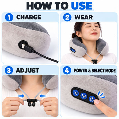 Wukusy electric U-shape neck massage pillow with heat, USB charging, ideal for travel, shown in black with plush fabric.