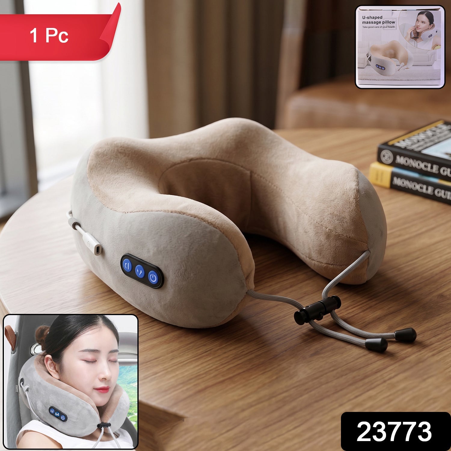 Wukusy U-shaped cordless electric neck massage pillow showing its ergonomic design and soft fabric for travel neck relief.
