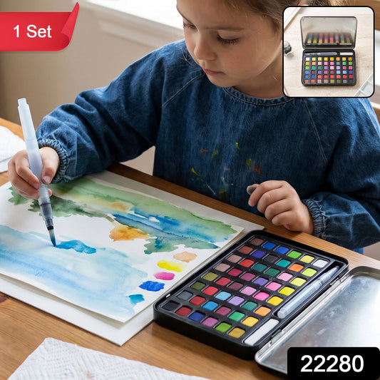 Wukusy solid watercolor paint palette kit with metal storage box and water brush, displayed open showing colorful watercolor pans and tools.