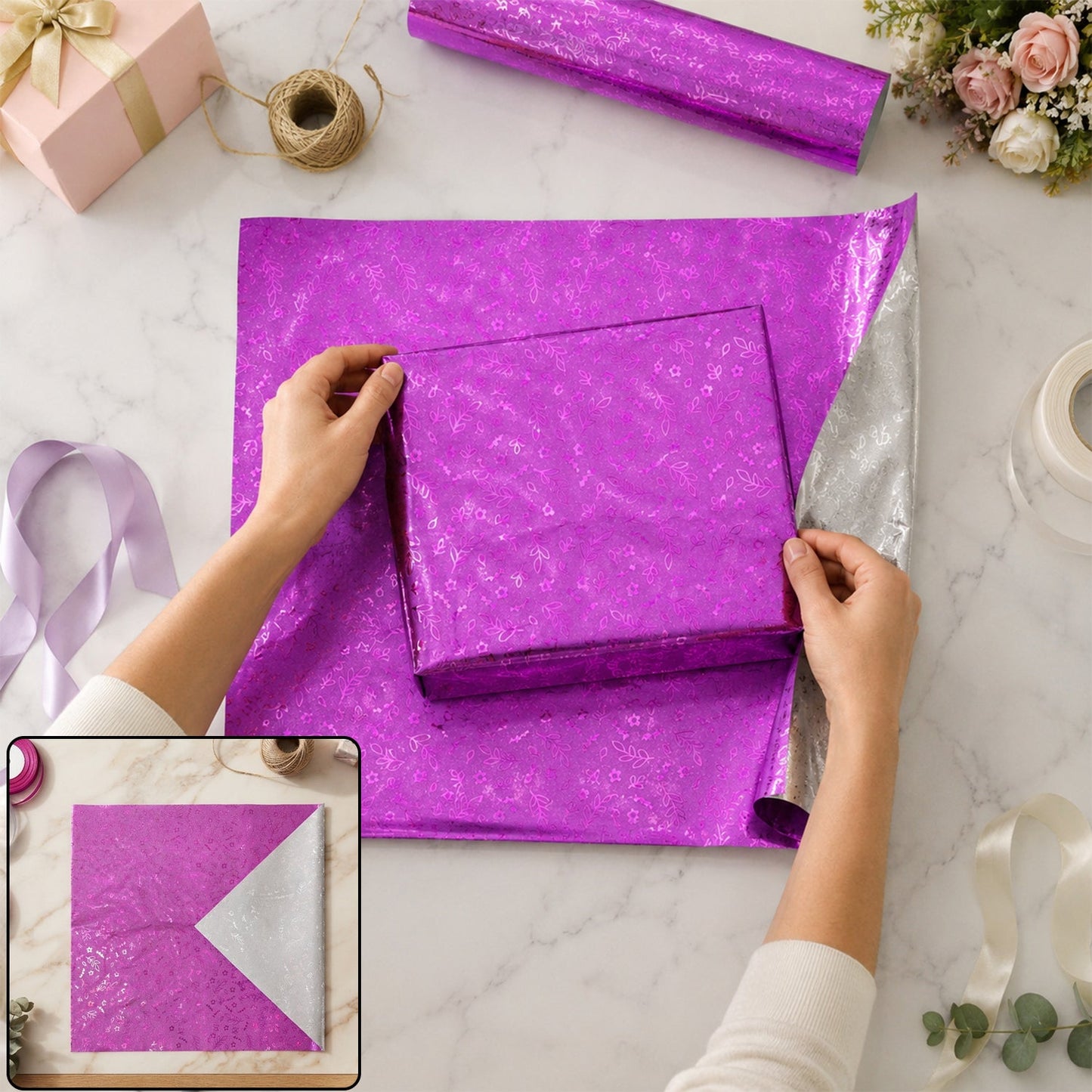 Metallic Floral Gift Wrapping Paper Sheet For Birthday And Festive Gifts (20 Pc Set)