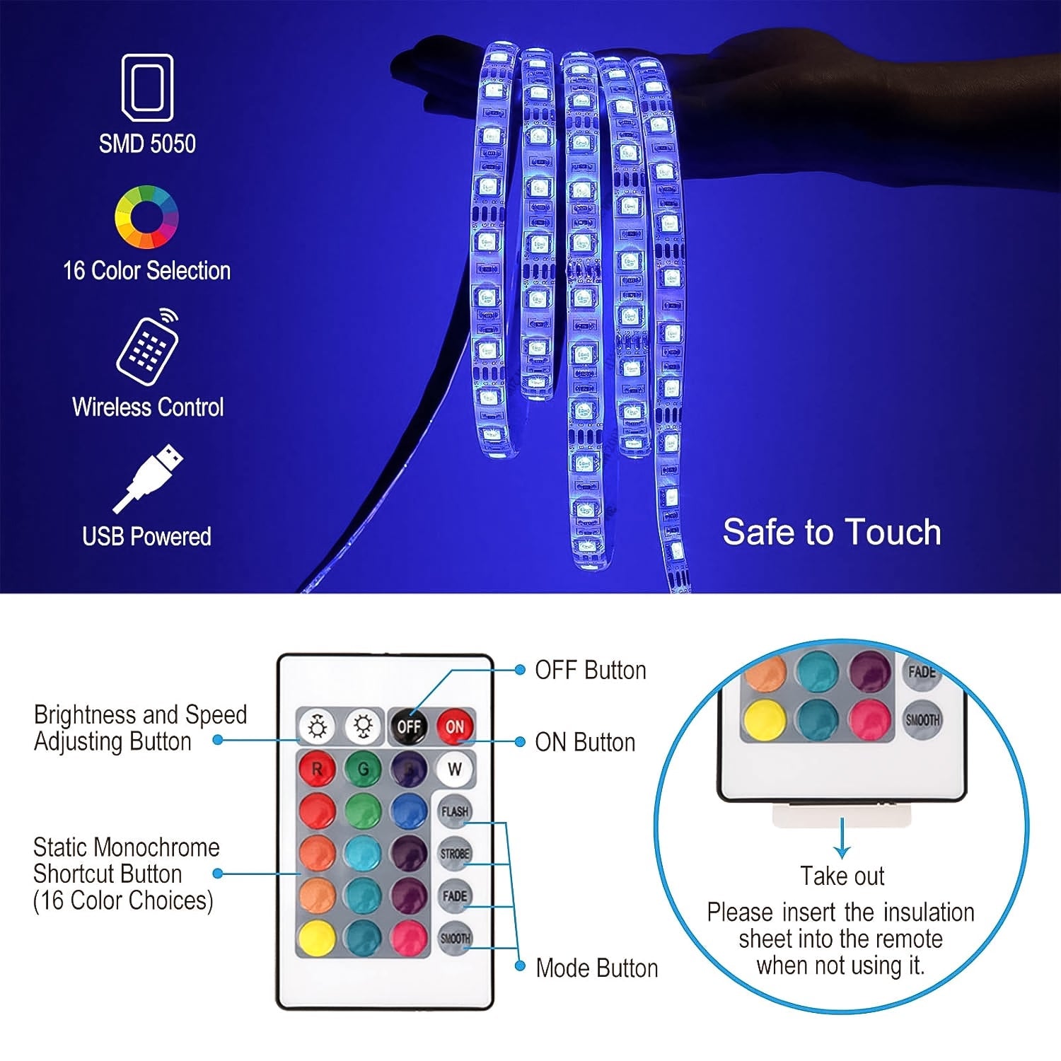 Wukusy 3m RGB LED strip lights set with colorful mood lighting and flexible design for home decor or entertainment spaces.