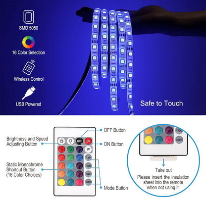 Wukusy 3m RGB LED strip lights set with colorful mood lighting and flexible design for home decor or entertainment spaces.
