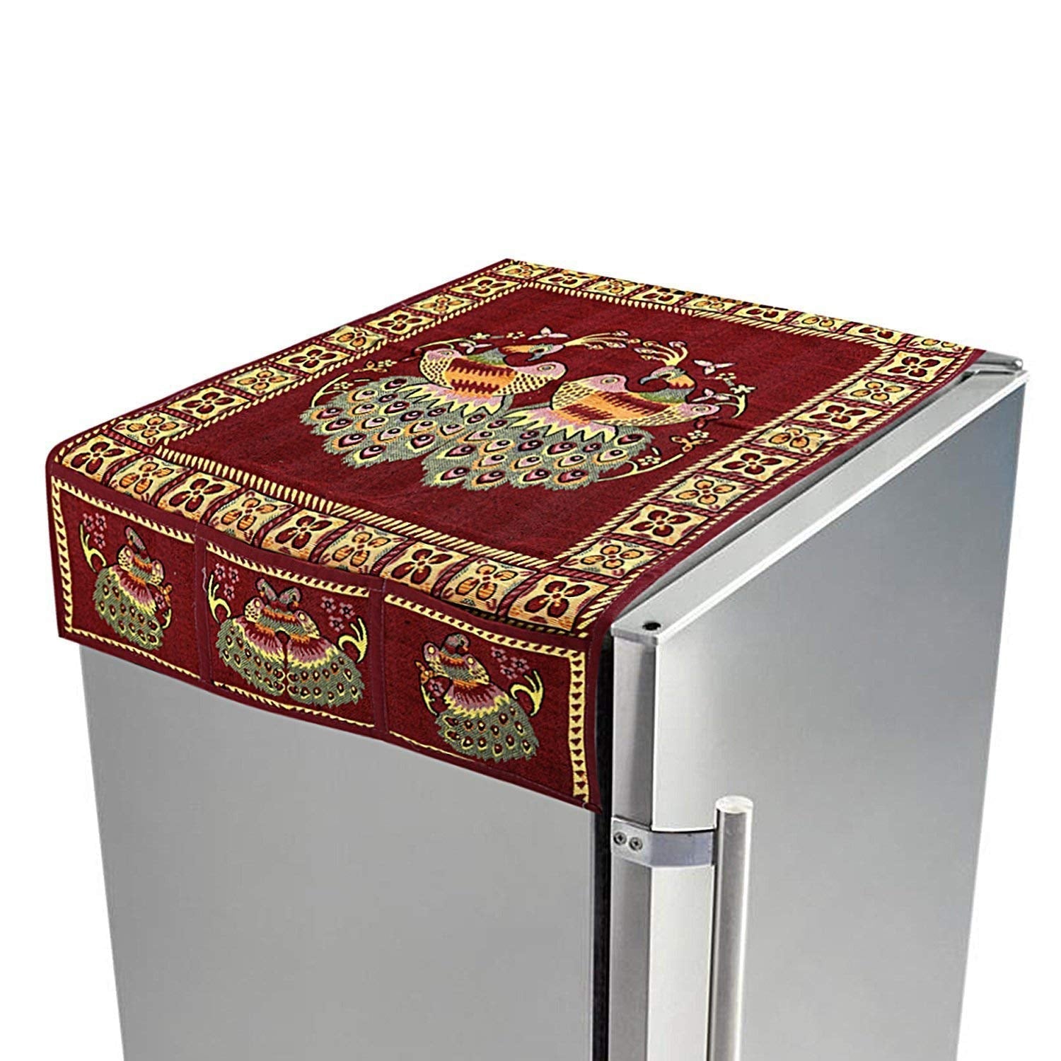 Wukusy cotton fridge top cover set with peacock design, featuring six utility side pockets on a standard 100x60cm refrigerator cover.