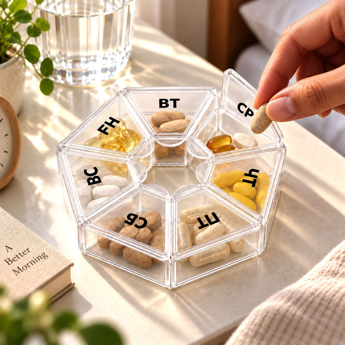 Wukusy medicine pill box with 7 clear flip lids for weekly travel storage, compact and organized for daily medication management.