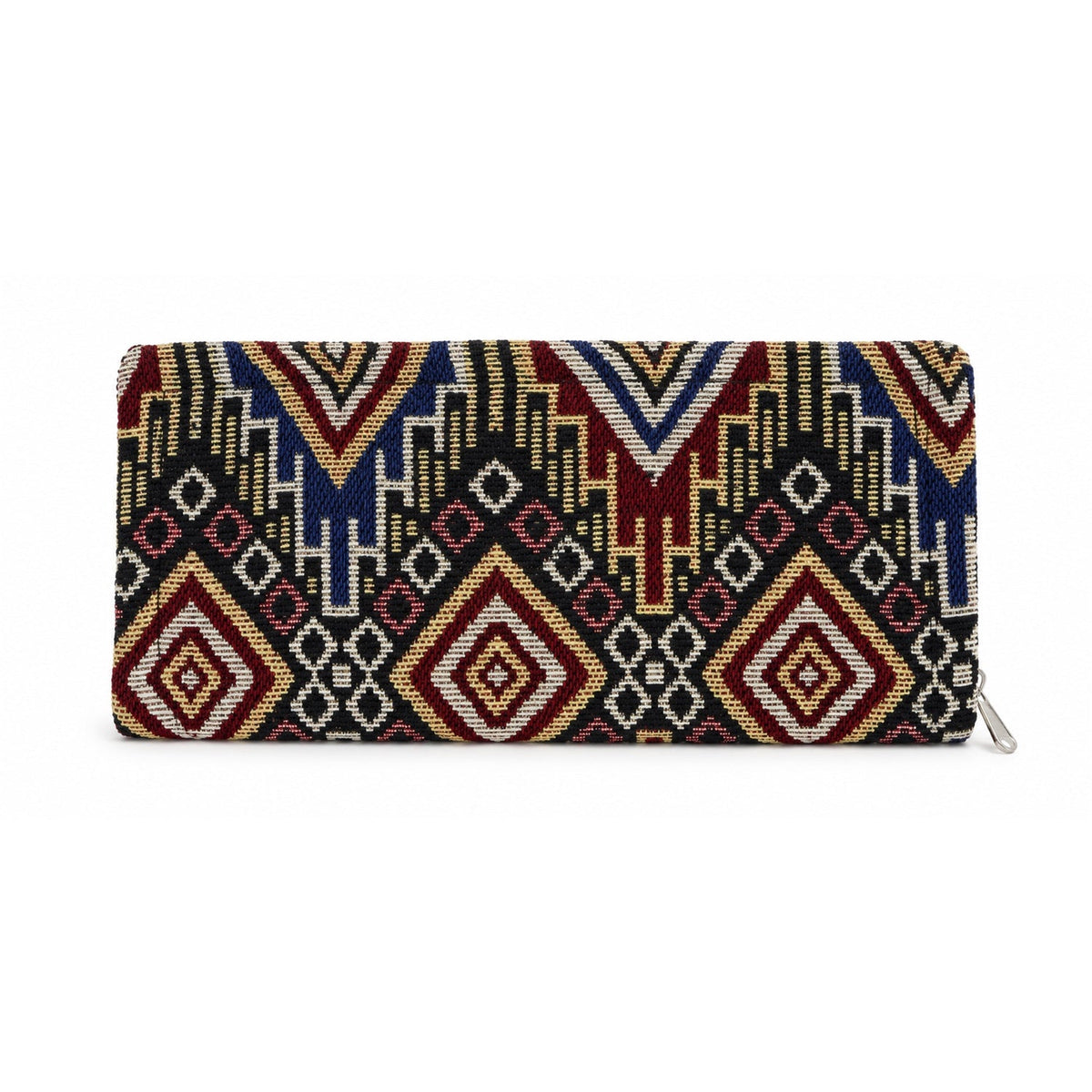 Wukusy traditional geometric woven clutch wallet with zipper, 25x12 cm, featuring colorful woven pattern and compact design.