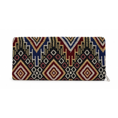 Wukusy traditional geometric woven clutch wallet with zipper, 25x12 cm, featuring colorful woven pattern and compact design.