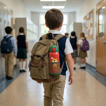 550 Ml Kids Cartoon Printed Water Bottle With Straw And Carry Sling Bag