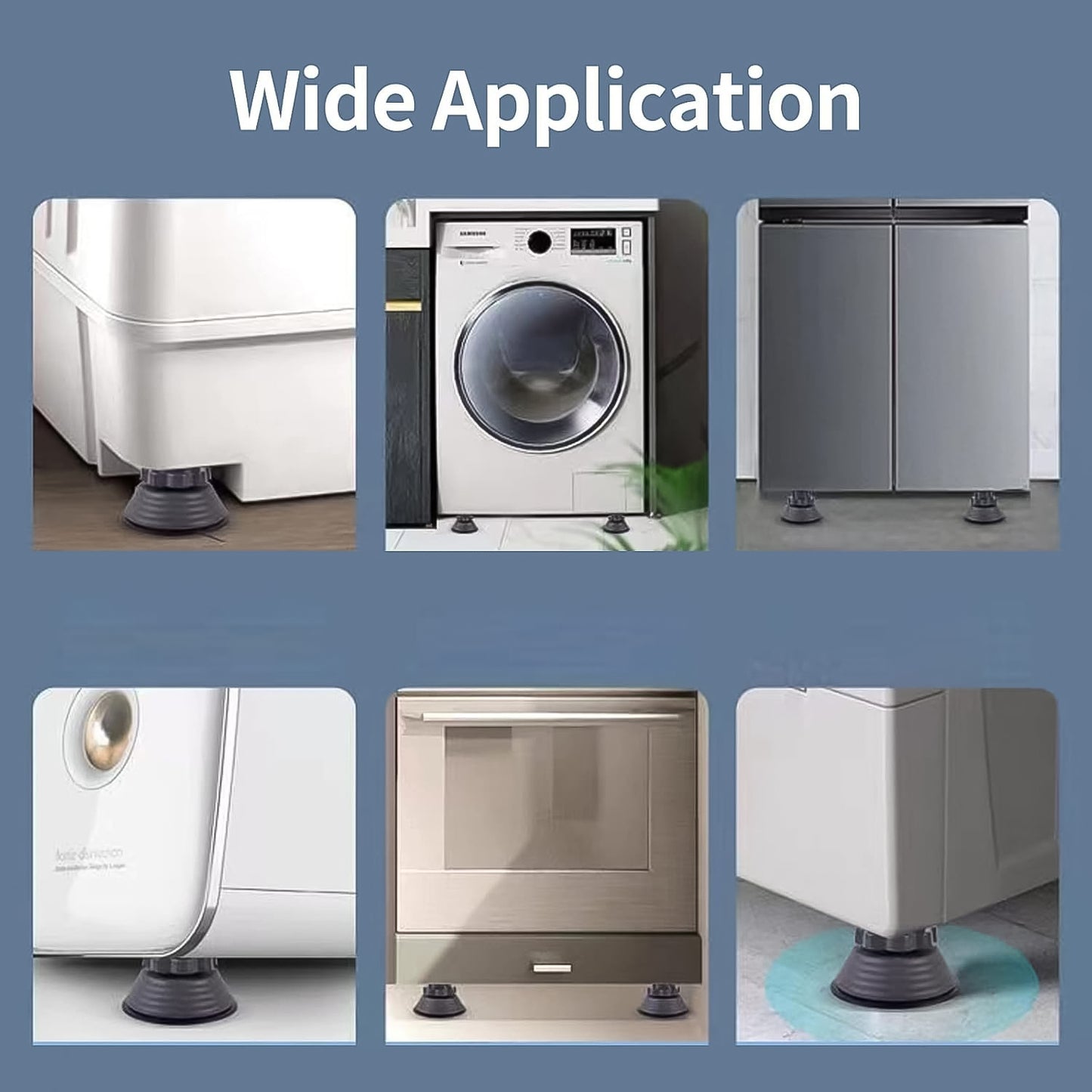 Set of four Wukusy adjustable multipurpose antivibration pads for home appliances on a kitchen countertop.