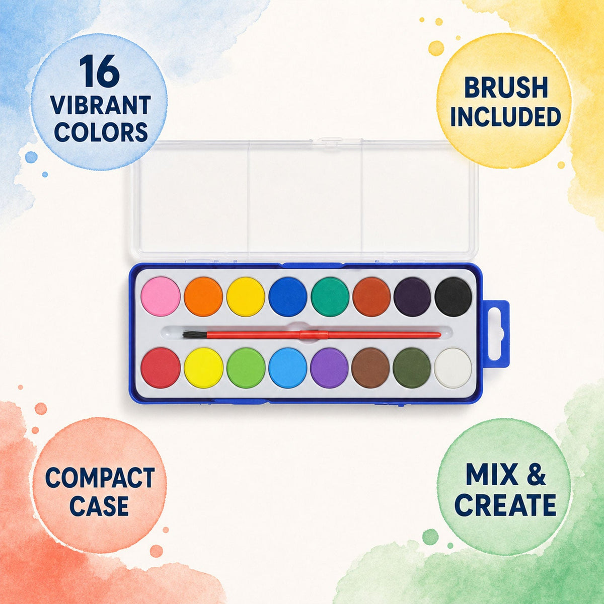Watercolor Paint With Brush And Protective Plastic Case (16 Colors With Brush)