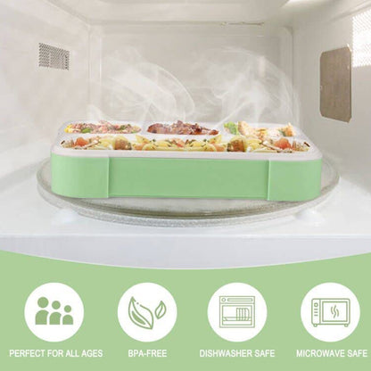 Wukusy 5212 lunch box with four compartments, leak-proof design, ideal for school or office, shown with food inside.