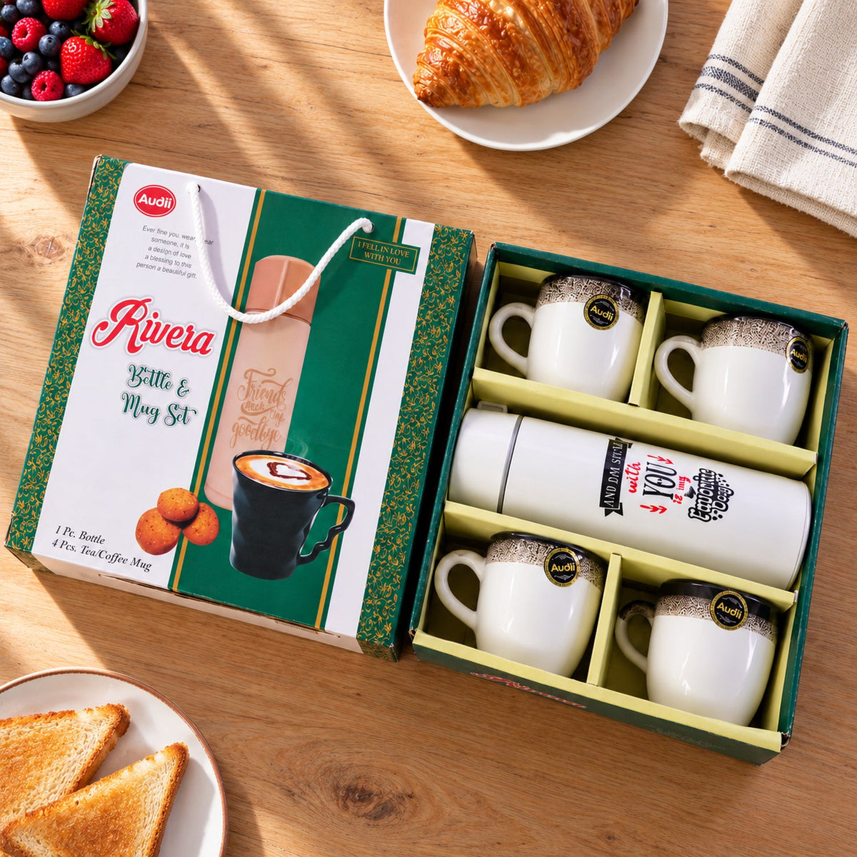Wukusy bottle and mug gift set with 1 flask bottle and 4 tea coffee mugs, all displayed together on a neutral background.