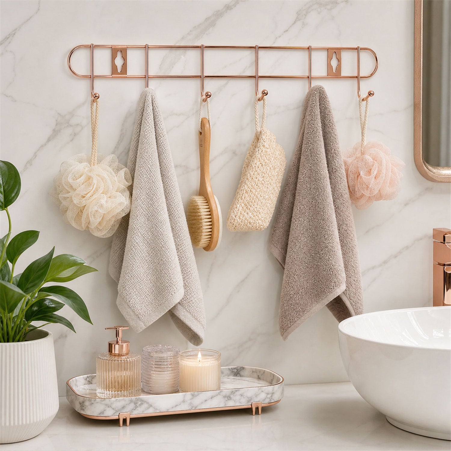 Rose Gold Metal Wall Mounted 6 Hook Rail Rack For Towels Utensils Coats (1 Pc)