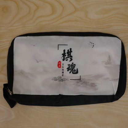 Wukusy printed travel organizer pouch with zip closure and carry loop, measuring 32x20 cm, shown open with organized compartments.